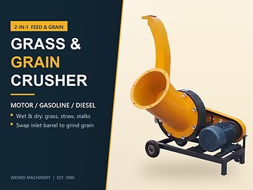 Grass and Grain Crusher with Motor, Gasoline or Diesel Power: Swap the Inlet Barrel to Grind Grain